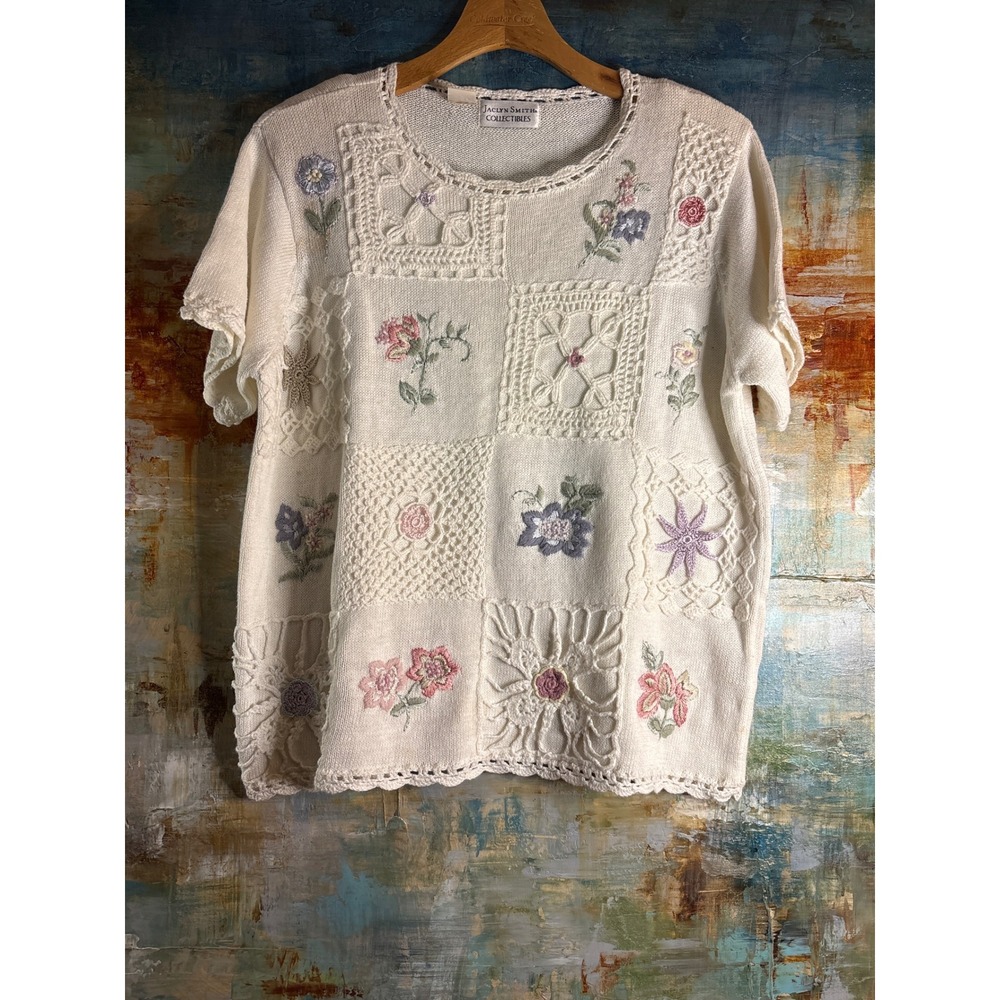 Jaclyn Smith Vintage Floral Patchwork Crochet Knit Sweater Top Cream Large